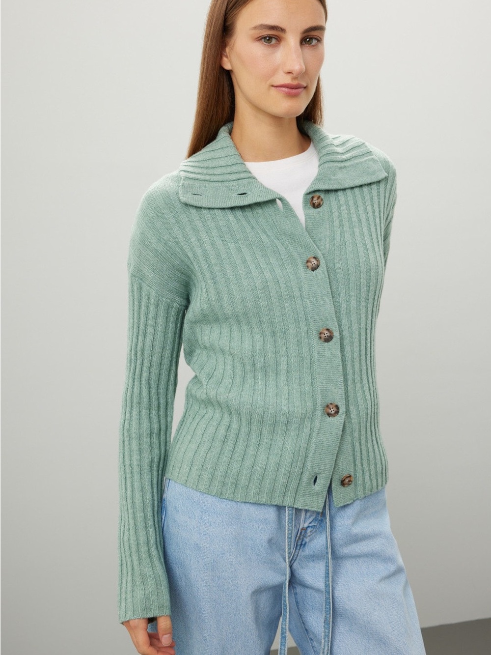 Madewell Ribbed Button-Front Cardigan in Sage